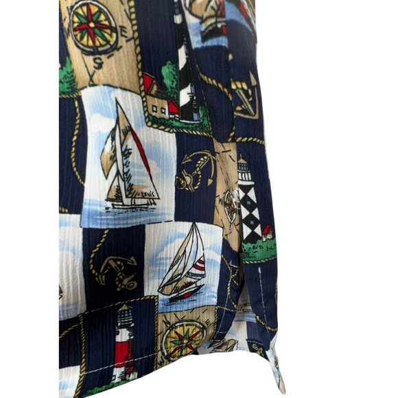 Vintage BonWorth Mens Nautical Print Short Sleeve Shirt M Navy Tan - Picture 6 of 12